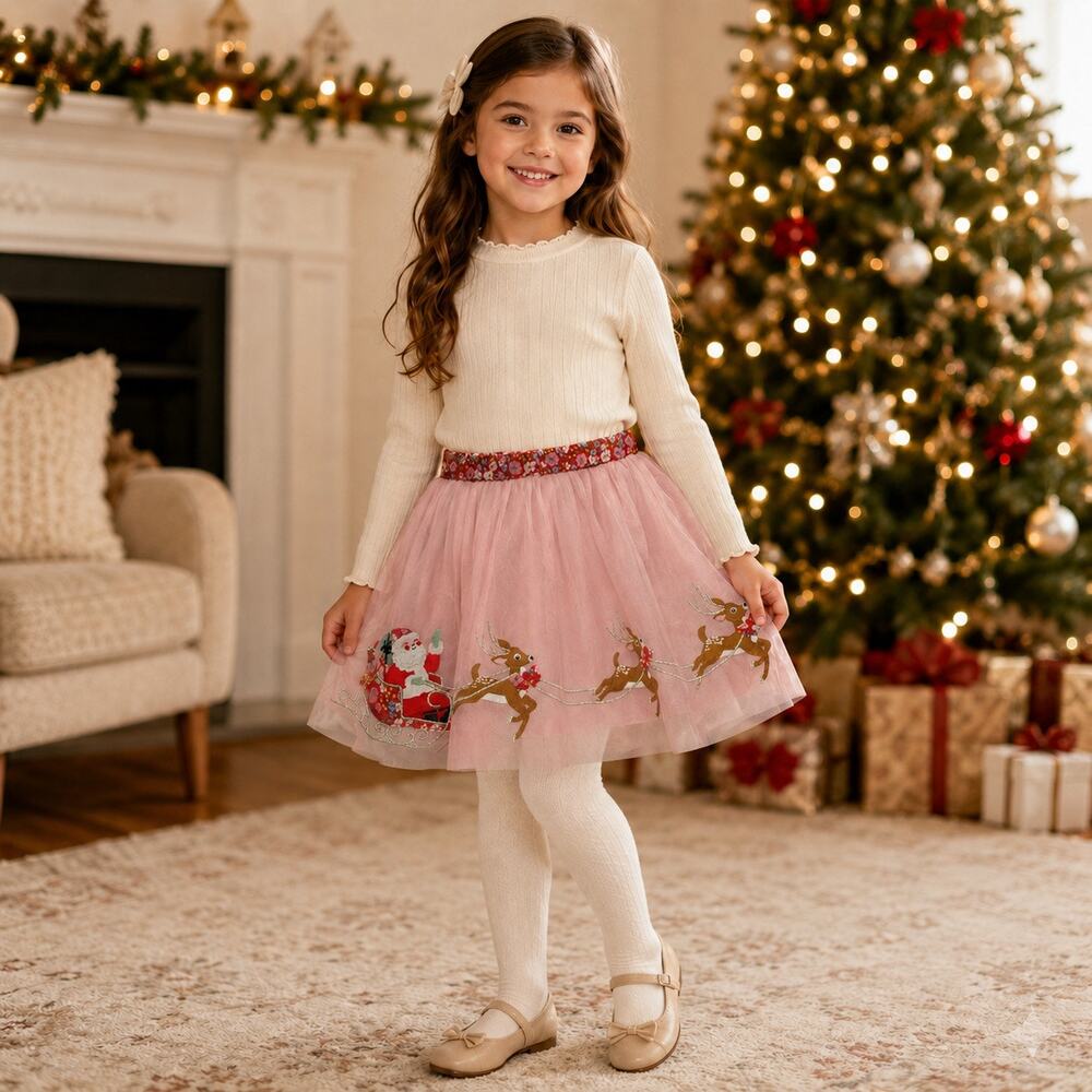 Mini Boden Girls Pink Tulle Christmas Skirt 6-7Y Santa Reindeer Appliqué
